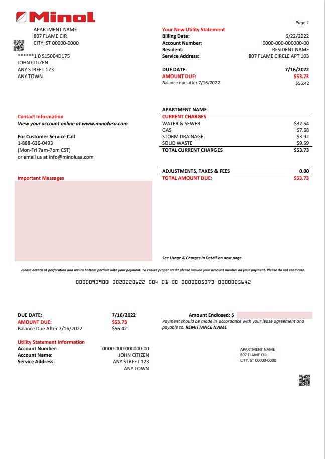 USA Texas Minol utility bill template in Word and PDF format